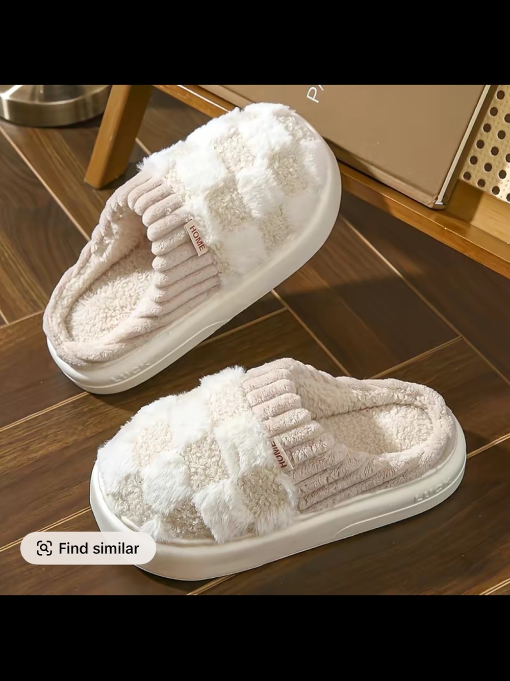 Plush Checkerboard Slide Slippers - Cream/White